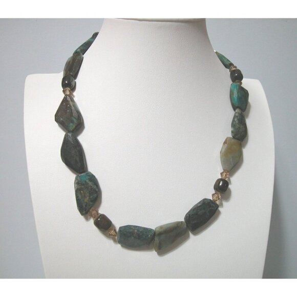 Chunky Green & Brown Agate Stone Beaded Necklace With Silver Toggle Clasp - Picture 1 of 2